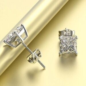 14k White Gold Over 925 Sterling Silver CZ Princess Cut Earrings